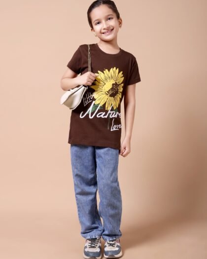 Brown Sunflower Girls’ Printed T-Shirt
